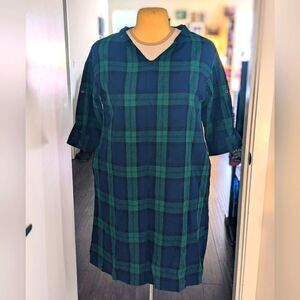 3/$30 Global Work L French Linen Blend Navy Blue and Green Plaid Tunic